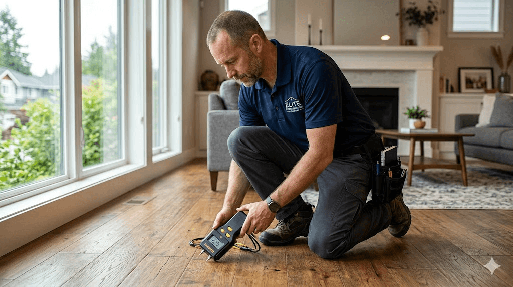 A credentialed Inspect Solutions inspector kneeling with a moisture meter on a hardwood floor — field-grade inspection in progress.