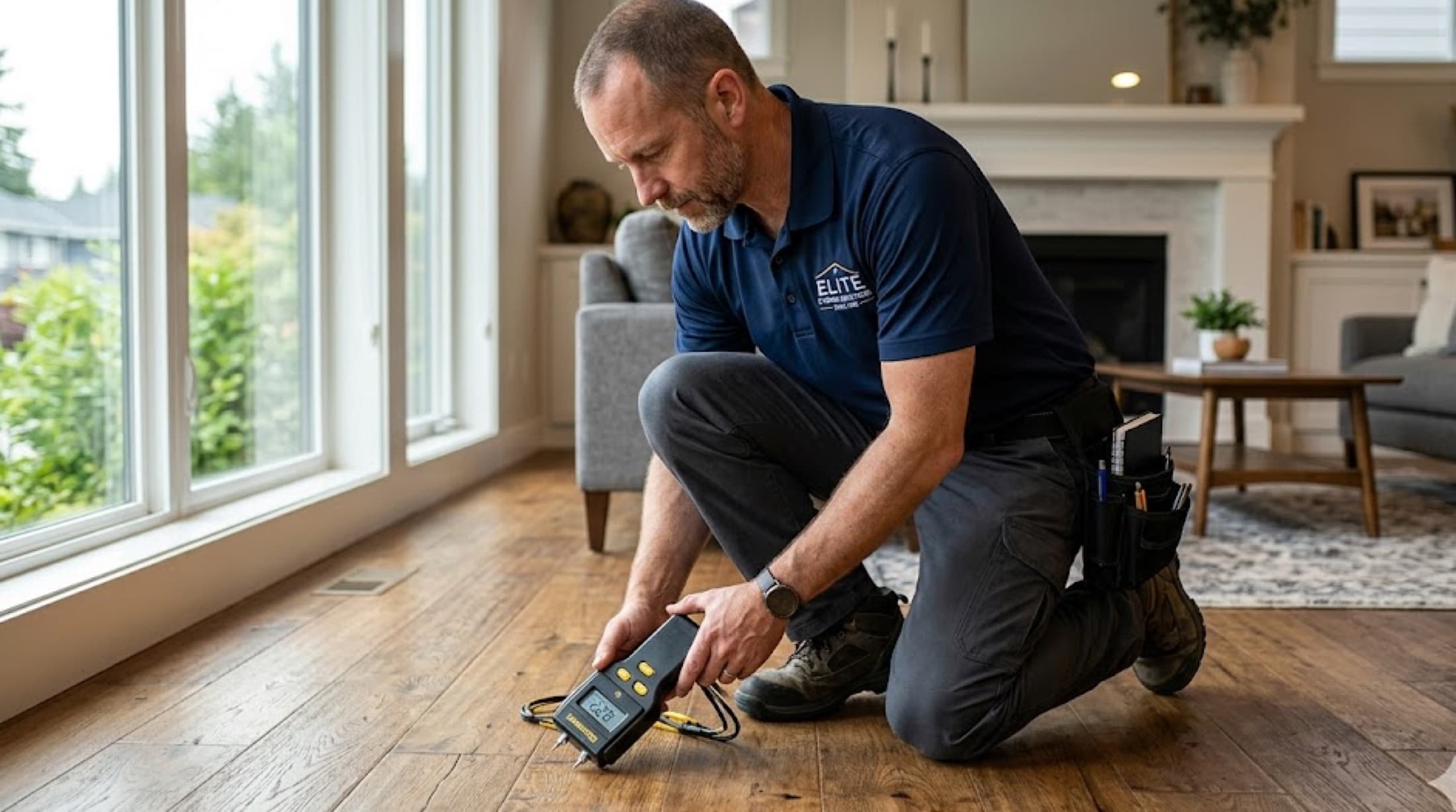 Damaged residential hardwood flooring under inspection — boards lifted to reveal subfloor staining.