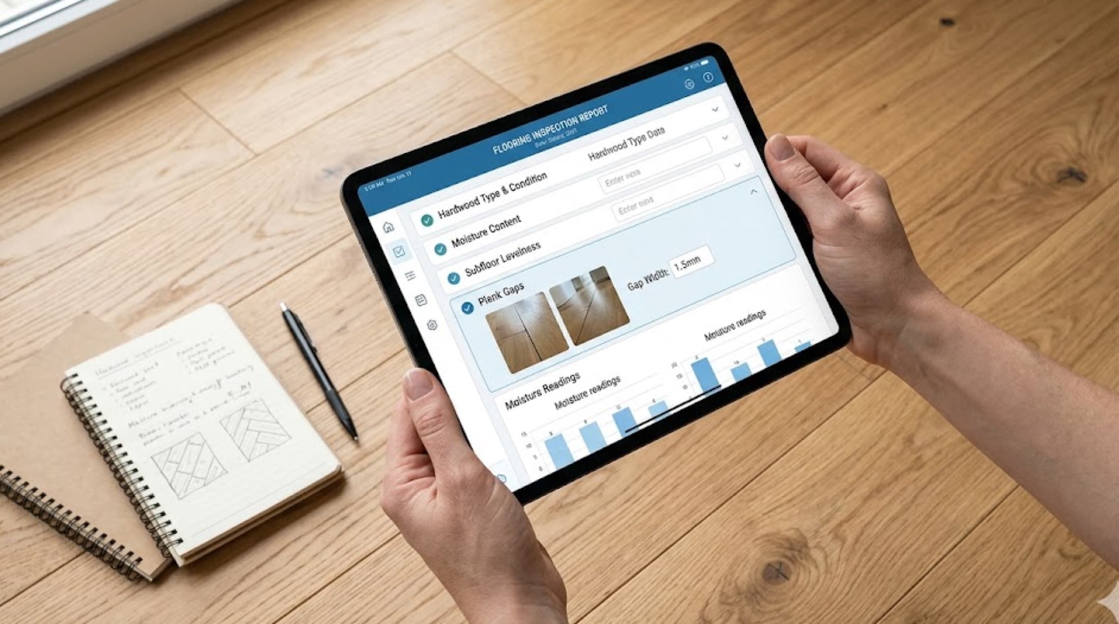 Live-streamed virtual flooring inspection — structured-protocol checklist running alongside the field-tech video feed.